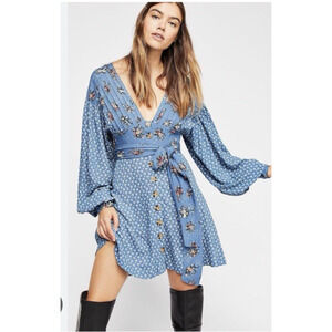 Free People Wonderland Mini Dress XS Blue Boho Long Sleeve Belt Floral Cocktail